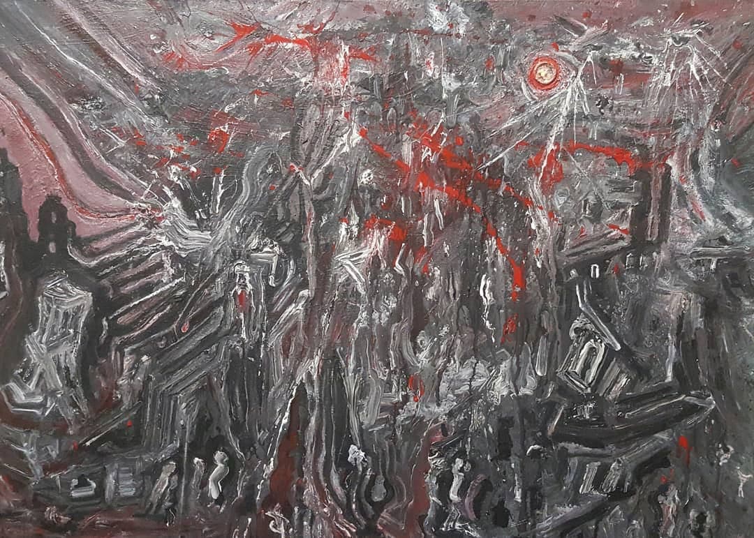 Paesaggio gotico infestato — tecnica mista su tela, 70x50 cm, 2020
