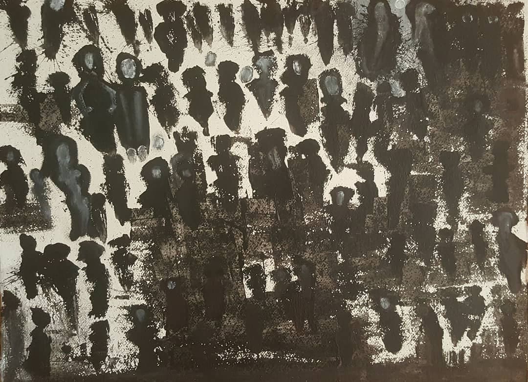 Presenze ancestrali — tecnica mista su cartone ruvido, 77x56 cm, 2020